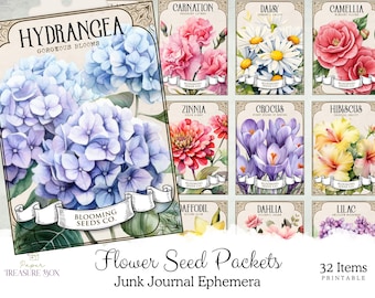 Vintage Flower Seed Packets | Printable Floral Journal Cards | Junk Journal Ephemera for Scrapbooking & Crafting