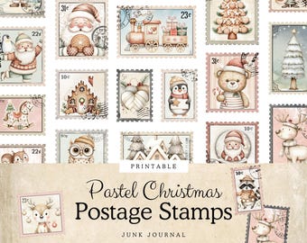 Pastel Christmas Faux Postage Stamps | Whimsical Printable Ephemera for Junk Journals, Scrapbooking & Papercrafts | Christmas Fussy Cuts