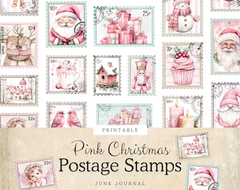Pink Christmas Postage Stamps | Printable Faux Postage Ephemera for Junk Journals, Scrapbooking & Card Making | Holiday Fussy Cuts