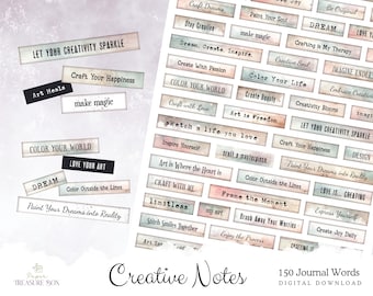 Vintage Junk Journal Words, Watercolor Aged Printable Labels, Distressed Digital Quotes Scrapbook Ephemera