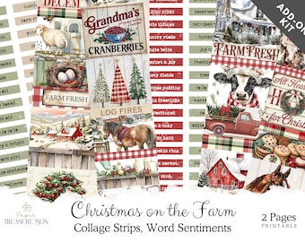 Farmhouse Christmas Collage Strips,  Rustic Junk Journal Words, Christmas Snippets