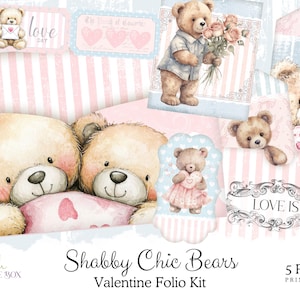 May include: A printable Valentine's Day folio kit featuring shabby chic bears. The kit includes five pages with various designs, including bears holding hearts, flowers, and a love letter. The pages are decorated with pink and blue stripes and floral accents.