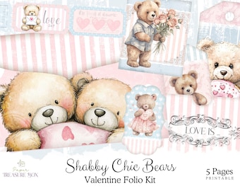 Valentine's Day Folio Folder with Pockets | Teddy Bears Junk Journal Kit | Printable Shabby Chic Ephemera | Digital Download