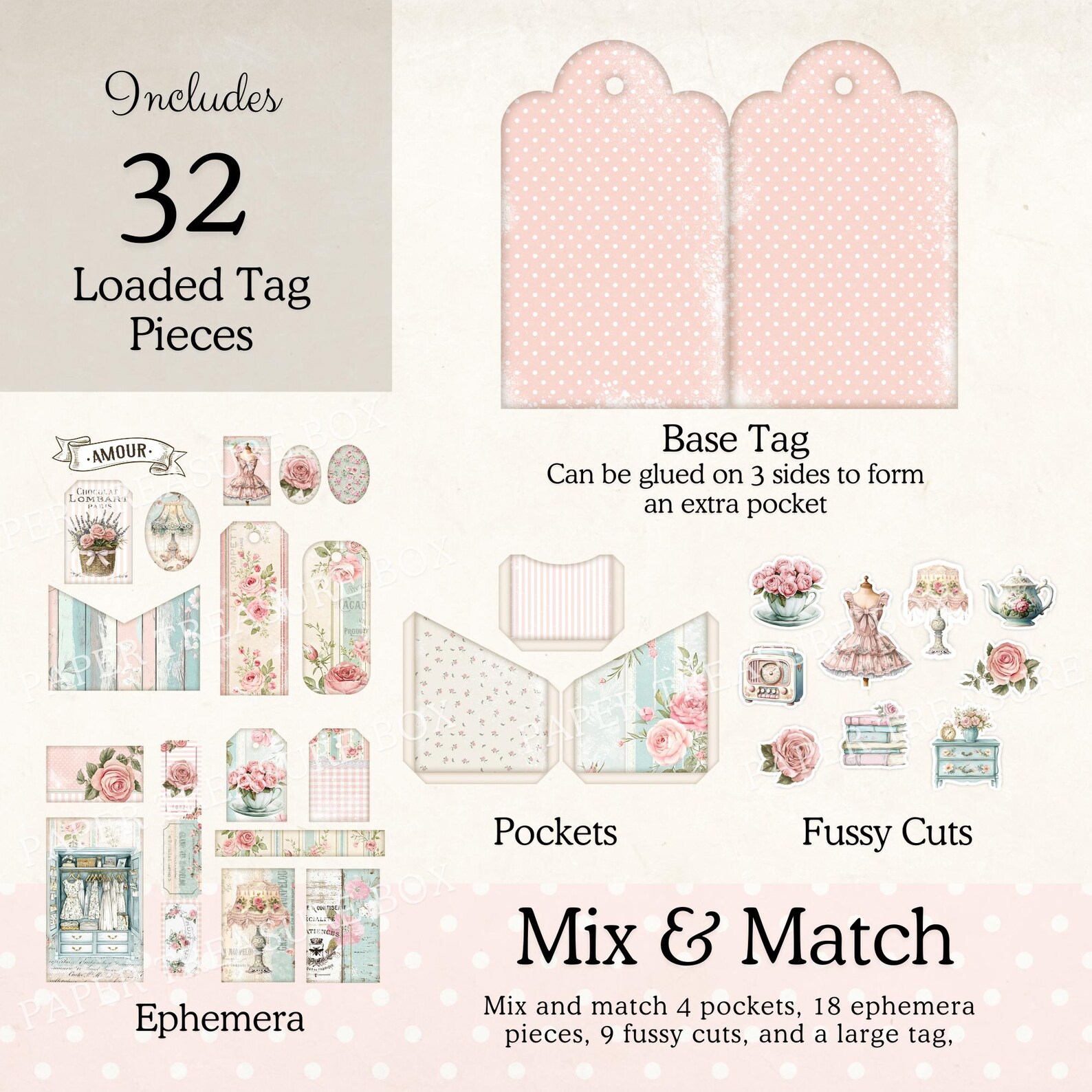 Shabby Chic Loaded Pocket Tag | Vintage Rose Loaded Tag Kit | Vintage ...