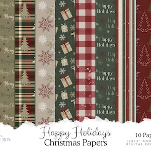 May include: Ten digital Christmas paper designs in red, green, and white. The papers feature plaid patterns, snowflakes, and the text "Happy Holidays".