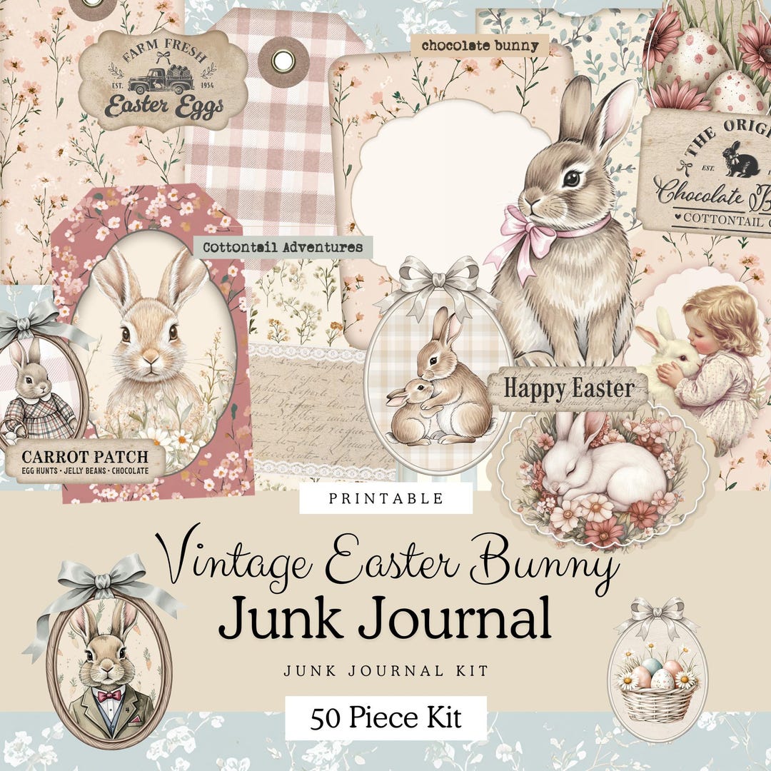 Vintage Easter Bunny Junk Journal Kit | 50 Piece Printable Ephemera ...