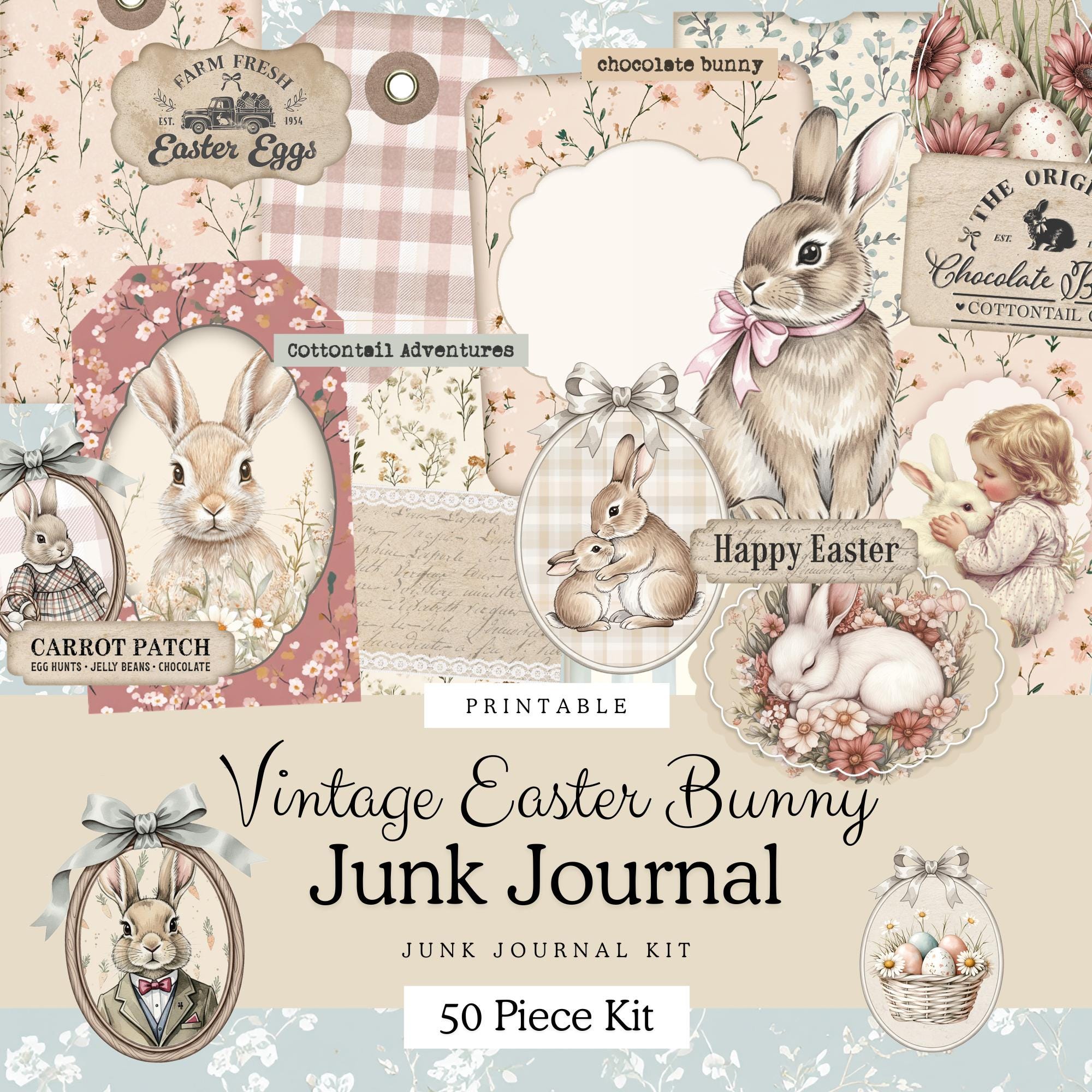 Vintage Easter Bunny Junk Journal Kit | 50 Piece Printable Ephemera ...