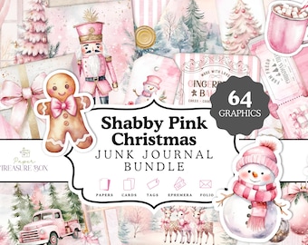 Vintage Pink Christmas Junk Journal Bundle | Shabby Chic Ephemera | Christmas Folio Kit | Printable