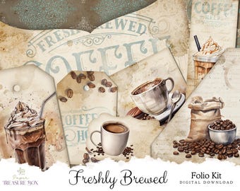 Coffee Junk Journal Folio Kit | Coffee Stained Paper and Ephemera | Vintage Coffee Images | Perfect Gift for Coffee Lovers
