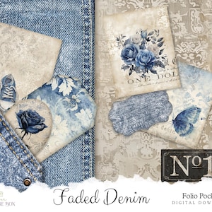 Puede incluir: Descarga digital de un bolsillo folio con un fondo de mezclilla descolorida. El bolsillo contiene varias imágenes, incluyendo una rosa azul, una mariposa y un patrón floral azul y blanco. El texto "N°1" y "One Dollar" también está incluido.