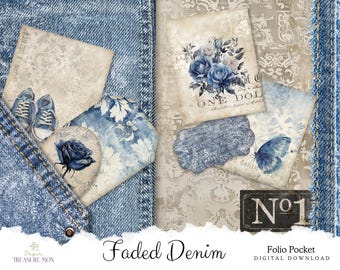 Vintage Denim Junk Journal Kit mit 16 einzigartigen Ephemera Stücken, ideal für Scrapbooking und kreative Geschenke