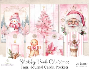 Shabby Chic Pink Christmas Ephemera Kit, Printable for Junk Journaling and Scrapbooking
