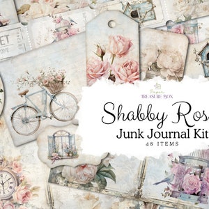 Kit de diario basura Shabby Chic, efímera de rosas vintage, imprimible floral, papeles de diario digital, manualidades de papel, hoja de collage