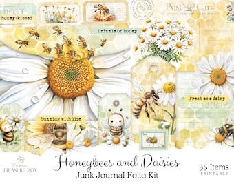 Honey Bee Folio Kit |  Bees & Daisies Junk Journal | Printable Folio Pocket | Bee Ephemera | Scrapbook Supplies | Digital Download