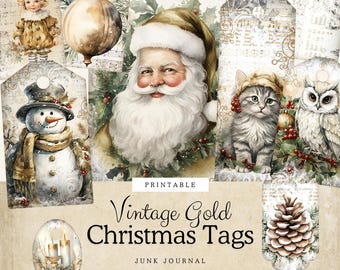 Gold Vintage Christmas Tags | Printable Holiday Gift Tags | Junk Journal Ephemera | Digital Download