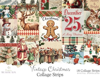 Christmas Collage Strips, Printable Junk Journal Ephemera, Vintage Christmas Collage Snippets