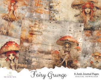 Fairy Grunge Junk Journal Paper | Printable Distressed Scrapbook Pages | Whimsical Fairy and Mushroom Backgrounds