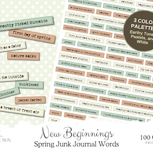 Op de afbeelding: Een verzameling afdrukbare lente-thema journalwoorden in aardetinten, pastels en wit. De afbeelding toont zinnen als "Freshly Picked Moments" en "First Day of Spring". De woorden zijn ontworpen voor junk journals en scrapbooking.