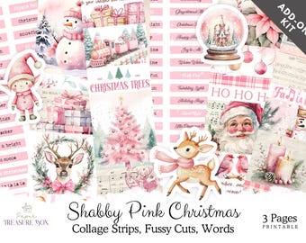 Pink Christmas Collage Strips, Fussy Cuts, and Word Sentiments, Shabby Chic Junk Journal Add-On Kit