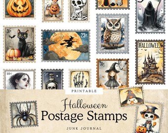 Halloween Stamps for Junk Journals | Vintage Postage Stamp Printables | Distressed Ephemera Clipart for Papercrafts | Halloween Fussy Cuts
