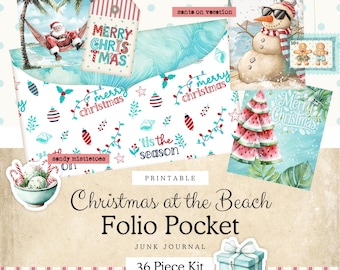 Christmas at the Beach Junk Journal Folio Pocket | Printable Summer Christmas Kit | Beach Themed Christmas Ephemera | Junk Journal Envelope