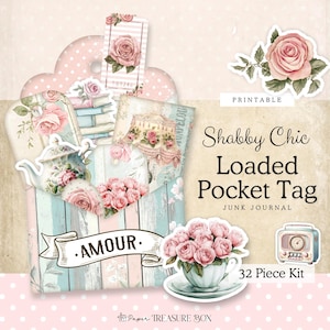 Etiqueta de bolsillo con diseño shabby chic / Kit de etiqueta con diseño de rosa vintage / Efímera vintage / Folio imprimible para diario basura / Kit de scrapbooking