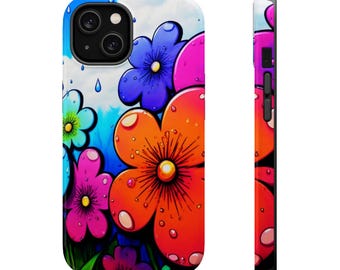 May include: A phone case with a colorful floral design. The flowers are bright pink, orange, blue, and green. The background is a light blue with white clouds.