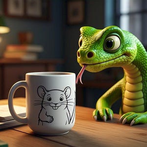 May include: A green cartoon snake with a long tongue is looking at a white coffee mug with a black and white cartoon mouse illustration. The mug is on a wooden table.