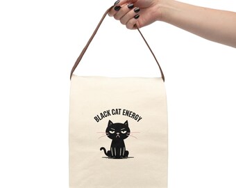Black Cat Energy-canvas lunchtas met riem | Milieuvriendelijke draagtas voor kattenliefhebbers, cadeau voor haar, terug naar school, accessoire voor huisdierenliefhebber