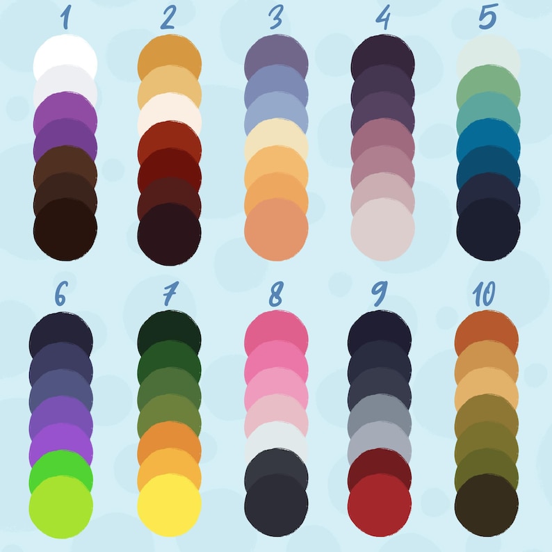 May include: A color palette with 10 different color schemes, each with 8 different shades of color. The colors are arranged in columns, with each column numbered 1 through 10. The colors range from light to dark, with the lightest shades at the top of each column and the darkest shades at the bottom.