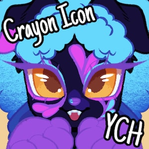 May include: A cartoon character with blue and purple fur, large orange eyes, and a black nose. The character has a pink and purple design on its face and is smiling with its teeth showing. The text "Crayon Icon YCH" is written on the image.