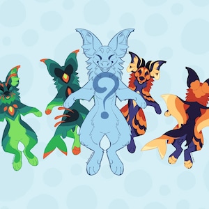 Puede incluir: Ilustración de cinco criaturas estilizadas con rasgos animales. La figura central es azul claro con un signo de interrogación en el pecho. Otras criaturas son verdes, naranjas y moradas, con varios diseños de alas y orejas. El fondo es azul claro con círculos blancos.
