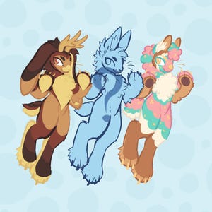 May include: Three cartoon-style anthropomorphic bunnies in various colors. One is brown with antlers, another is light blue, and the third is brown with pink, green, and white accents. They are floating against a light blue background with white polka dots.