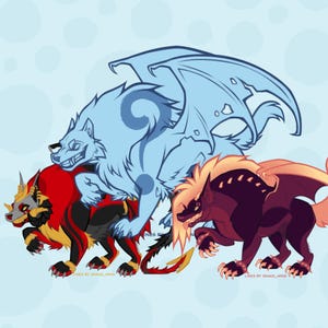 Peut inclure: Illustration de trois créatures fantastiques, chacune avec des traits de loup et des couleurs uniques. La figure centrale est un loup bleu clair avec de grandes ailes. Les deux autres sont rouges, noirs et dorés, et violets foncés et oranges.