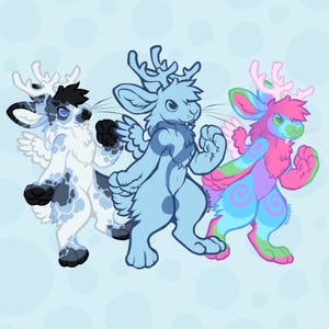 May include: Illustration of three cartoon characters with bunny-like features, antlers, and wings. The first is white with black spots, the second is light blue, and the third is a mix of pink, blue, and green. They are on a light blue background.
