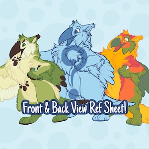 May include: Illustration of three cartoon birds in green, blue, and orange. The birds have large beaks and feathered bodies. Text at the bottom reads "Front & Back View Ref Sheet!"