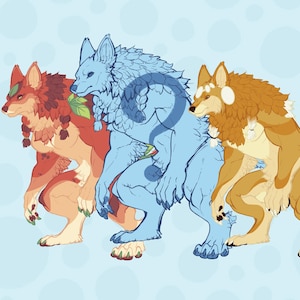 May include: Three anthropomorphic wolf characters in a row, each with unique color schemes and designs. The first is red and orange with leaf accents, the second is light blue, and the third is tan and brown with a fluffy mane.