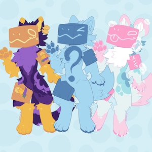 May include: Three cartoon animal characters with box heads. The character on the left is purple and yellow with a box head that says "?