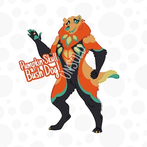 Pode incluir: Uma ilustração digital de uma criatura canina com pelo laranja, preto e verde-azulado. A criatura está em uma pose dinâmica, com um braço levantado. O texto na imagem diz "Pumpkin Skull Bush Dog!" e "UNSOLD".