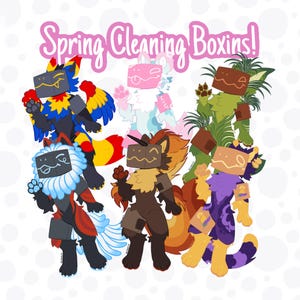 May include: Six cartoon characters with box-shaped heads, each with a different color scheme and personality. The characters are all wearing different outfits and accessories, and they are all smiling. The text "Spring Cleaning Boxins!" is written in pink letters at the top of the image.