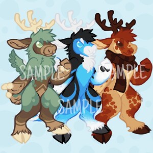 May include: Three cartoon reindeer with different colored fur and antlers. The reindeer on the left is green and brown, the middle reindeer is blue and white, and the reindeer on the right is brown and orange. All three reindeer are wearing scarves.