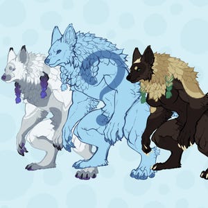 May include: Three anthropomorphic wolf-like creatures in a row, each with unique color schemes. The first is white and gray with purple accents, the second is light blue, and the third is brown and tan with green accents. All have a furry appearance.