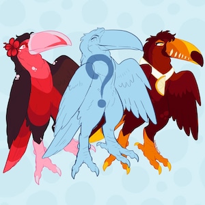 May include: Illustration of three anthropomorphic toucans with varying colors and accessories. One is red with a flower, another is blue with a question mark, and the third is brown with a lemon. The background is light blue with white circles.