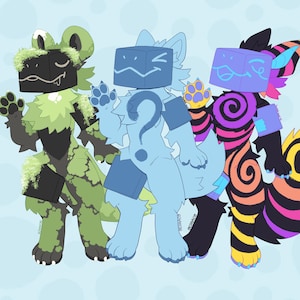 May include: Three cartoon characters with blocky heads. The character on the left is green with a black head, the middle character is blue with a light blue head, and the character on the right is black and yellow with a purple head.