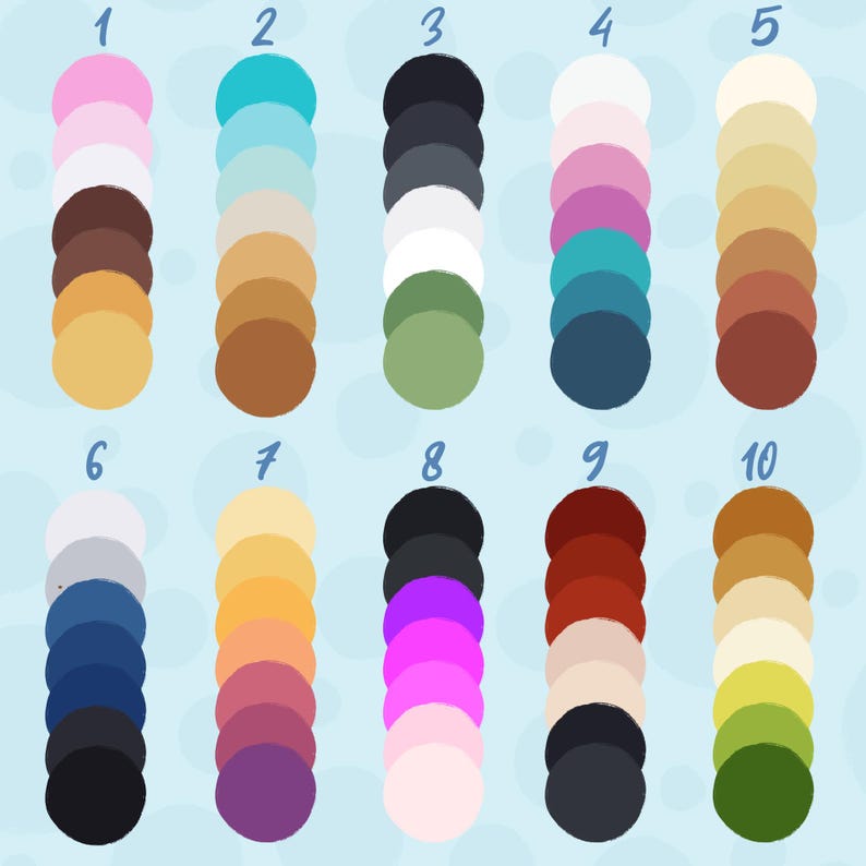 May include: A color palette chart with 10 different color schemes, each with 10 colors. The colors are arranged in columns, with each column representing a different color scheme. The color schemes include shades of pink, blue, black, white, brown, yellow, green, purple, red, and orange.