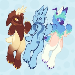 May include: Three cartoon animal characters with large ears and paws, standing on a light blue background. The character on the left is brown and white with antlers, the middle character is light blue with a question mark on its chest, and the character on the right is light blue and pink with a musical note on its head.