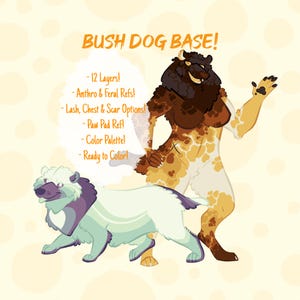 May include: Illustration of a Bush Dog Base with two stylized dog characters. The image includes text: "BUSH DOG BASE! - 12 Layers! - Anthro & Feral Refs! - Lash, Chest & Scar Options! - Paw Pad Ref! - Color Palette! - Ready to Color!"