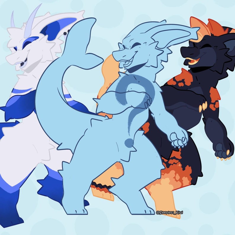 May include: Three cartoon animal characters, a white and blue one with a long tail, a light blue one with a long tail and a black and orange one with a long tail. The characters are smiling and standing together.