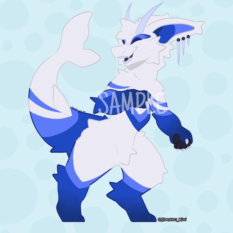 May include: A white and blue cartoon creature with a long tail and a blue and white striped pattern. The creature has a white body with blue markings and a blue tail. The creature is smiling and has a friendly expression. The background is a light blue with white circles.