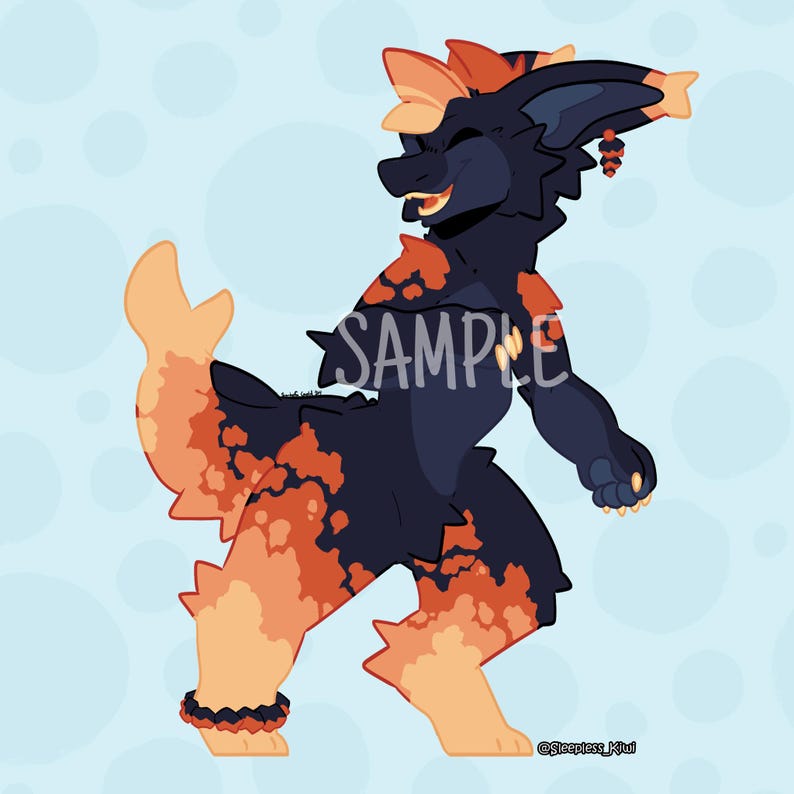 May include: A cartoon illustration of a black and orange creature with a sample text overlay. The creature has a spiky tail and a large head with a wide smile. The creature is standing on a light blue background.